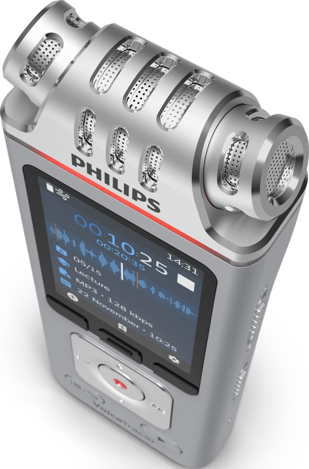 Silberner Philips Voice Tracer Rekorder mit Bildschirm und Mikrofon oben.