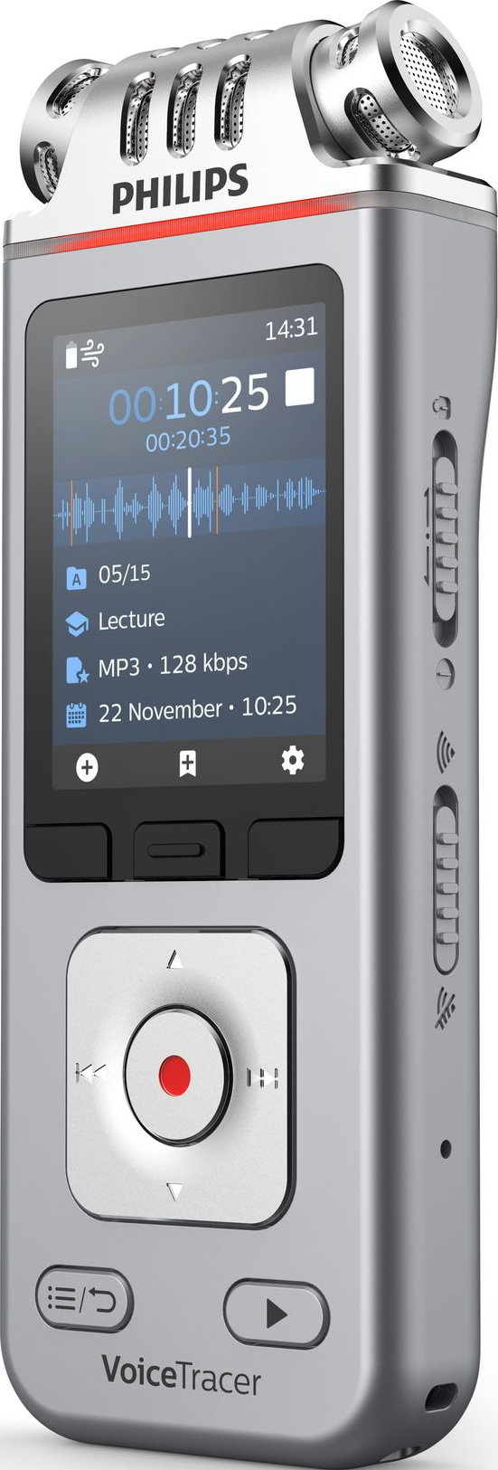 Ein silberner Philips VoiceTracer mit Bildschirm, Tasten und Mikrofon, zeigt die Aufnahme an.