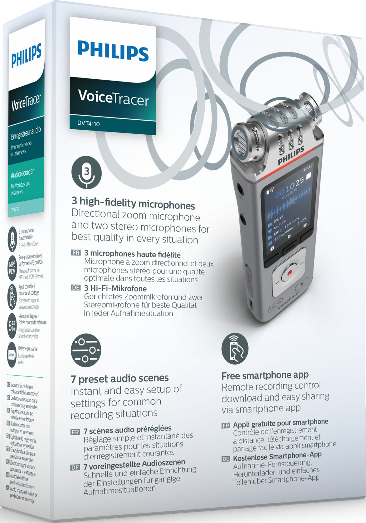Philips VoiceTracer Audiorecorder-Box, zeigt Gerät und Funktionen.