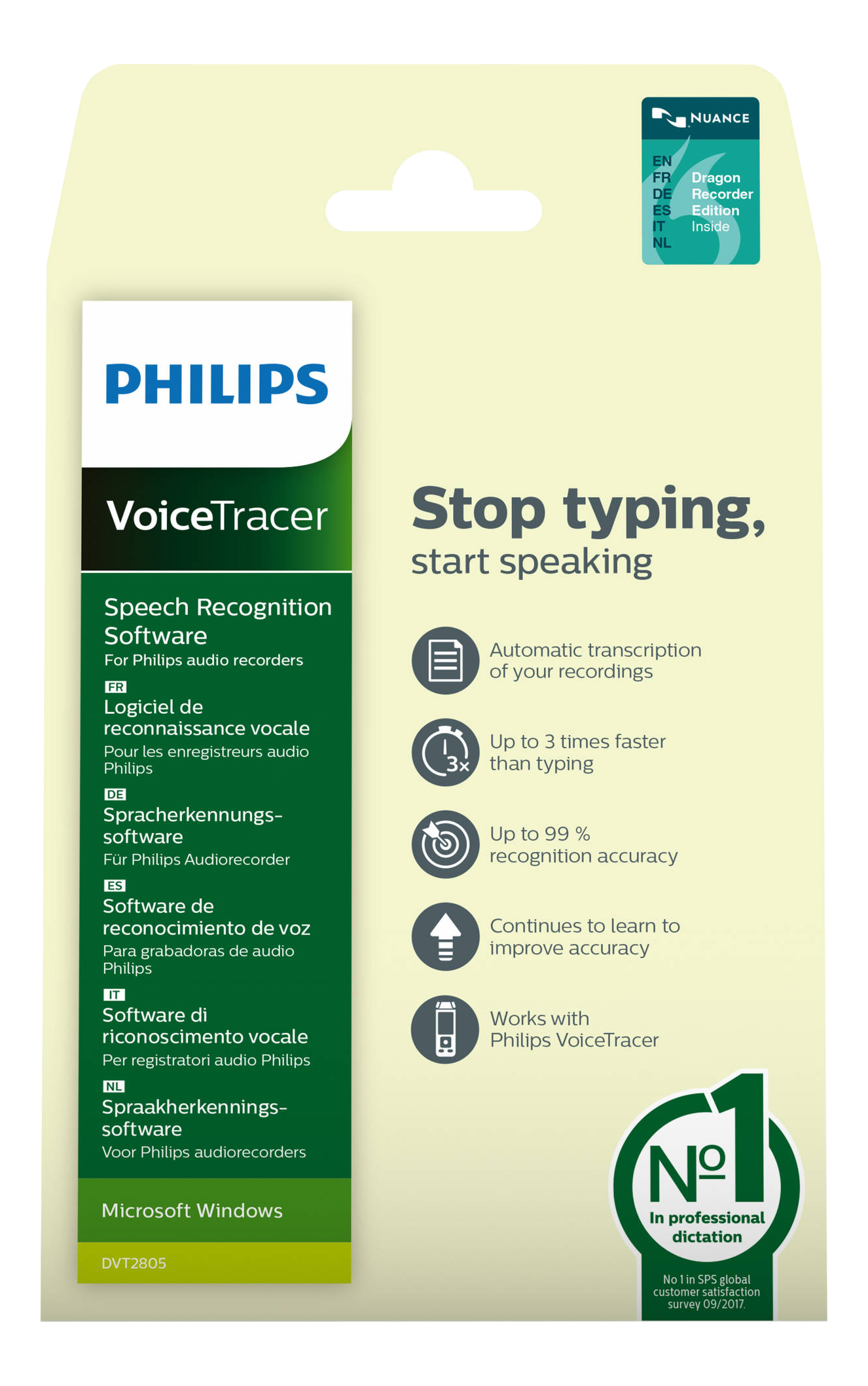 Philips VoiceTracer Spracherkennungssoftware-Verpackung mit Text und Symbolen.