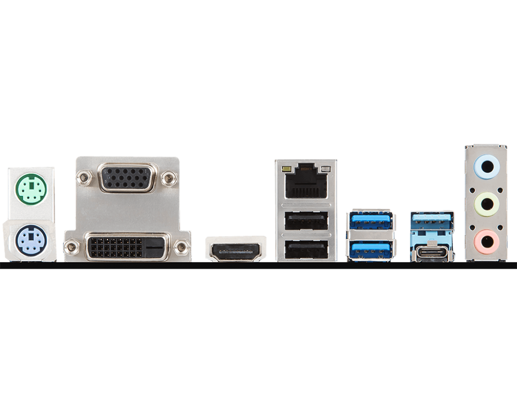 Rückseite eines Motherboards mit verschiedenen Anschlüssen: PS/2, VGA, DVI, HDMI, USB, Audio.