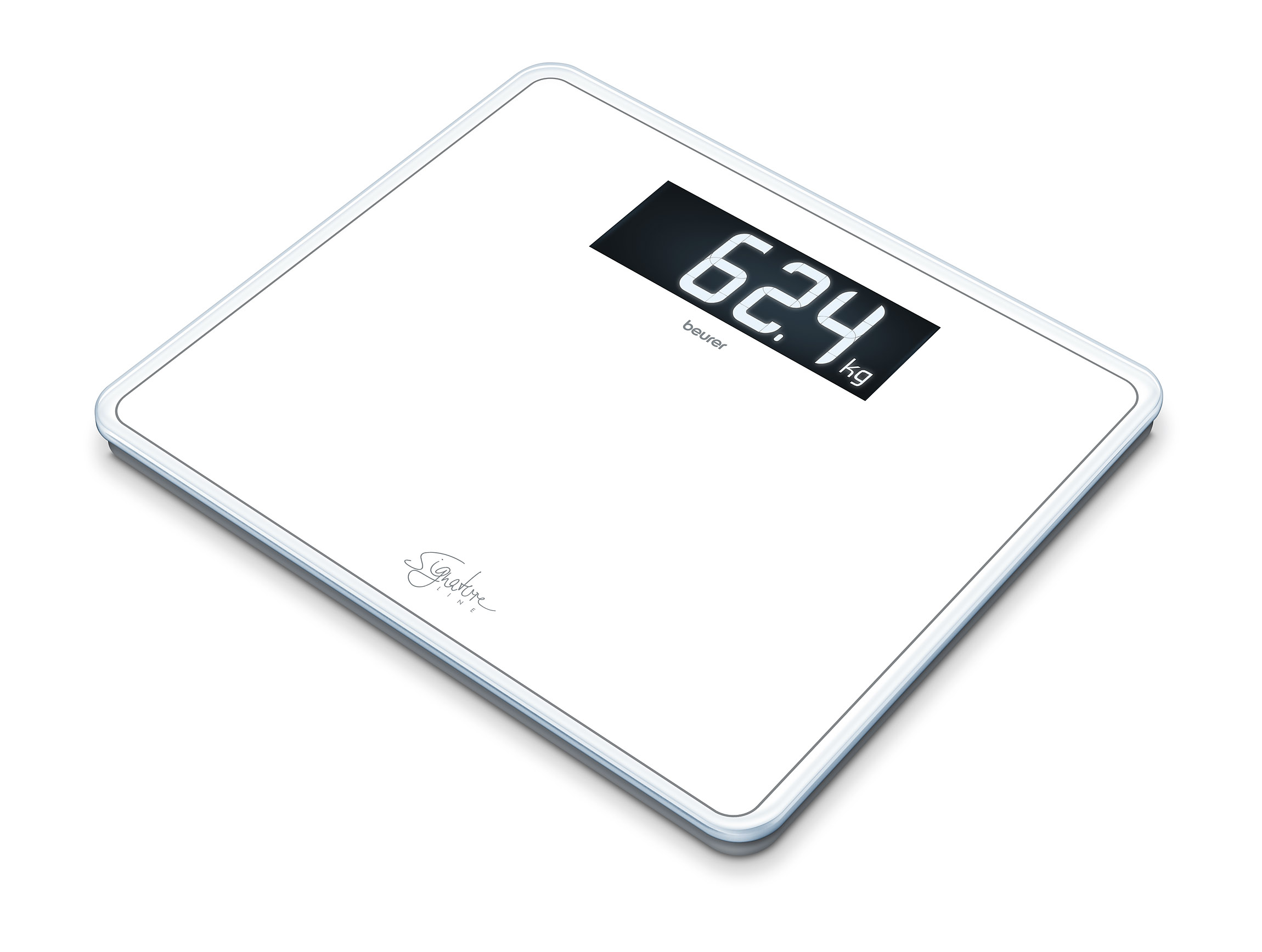 Weiße digitale Badezimmerwaage. Zeigt 62,4 kg an. Quadratische Form mit silbernem Rand.