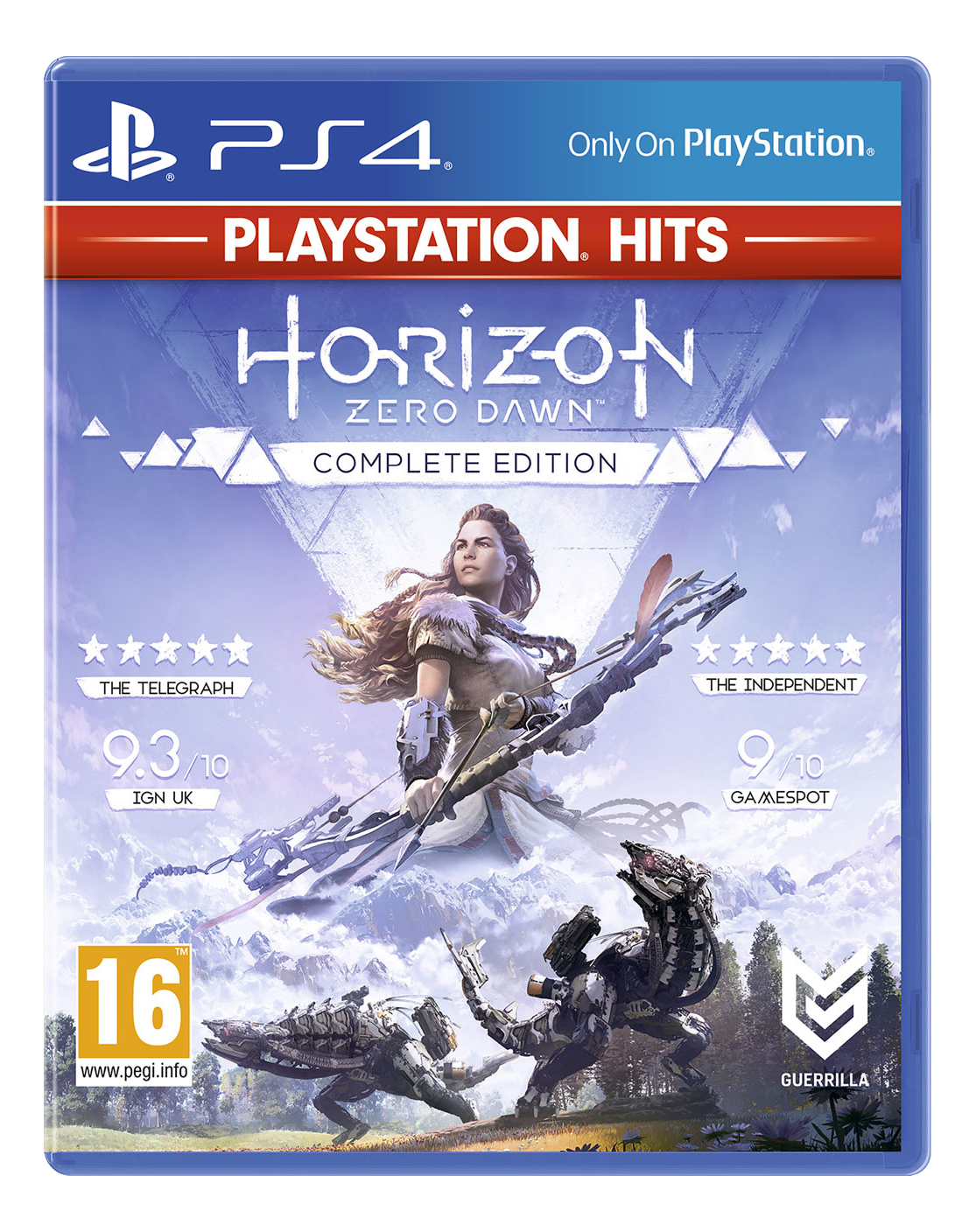 PS4-Spielcover: Frau mit Pfeil und Bogen in verschneiter Landschaft, Titel: Horizon Zero Dawn.
