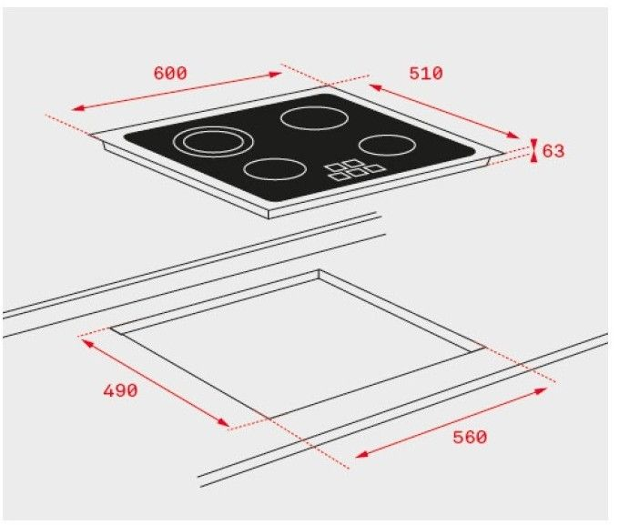 Diagrama de una placa de cocina y sus dimensiones de corte en una encimera.