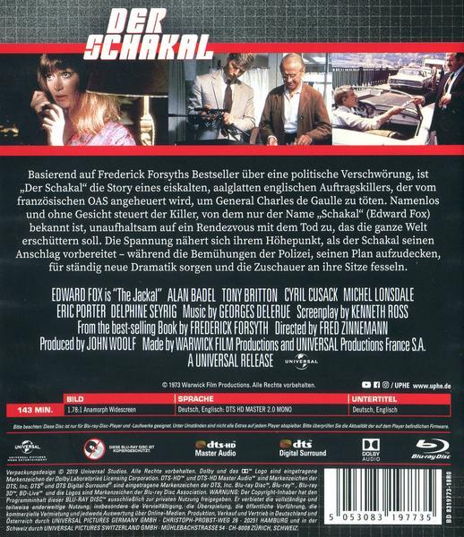 Rückseite der Blu-ray 'Der Schakal'. Text und Bilder des Films und der Szenen.