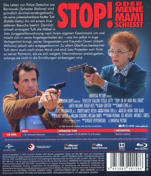 Blu-ray-Cover für Stopp! Oder meine Mutter schießt. Sylvester Stallone und seine Mutter halten Waffen.