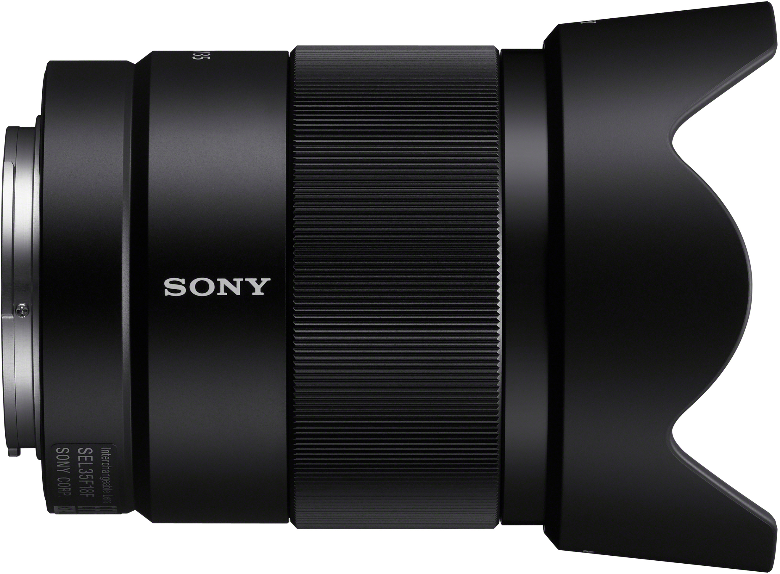 Ein schwarzes Kameraobjektiv mit gerippter Mitte und Gegenlichtblende. Auf dem Objektiv steht das Wort SONY.