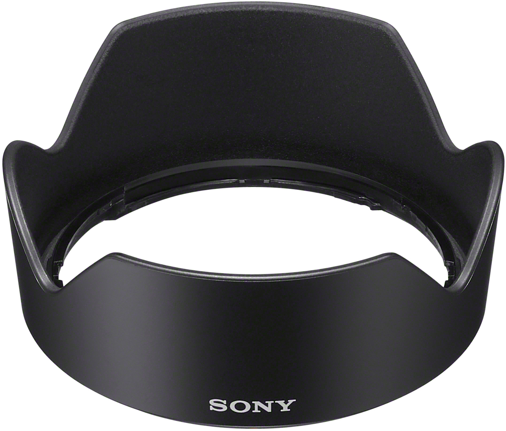 Schwarze Objektivsonnenblende für eine Kamera. Die Streulichtblende ist breit und ausgestellt, mit SONY.