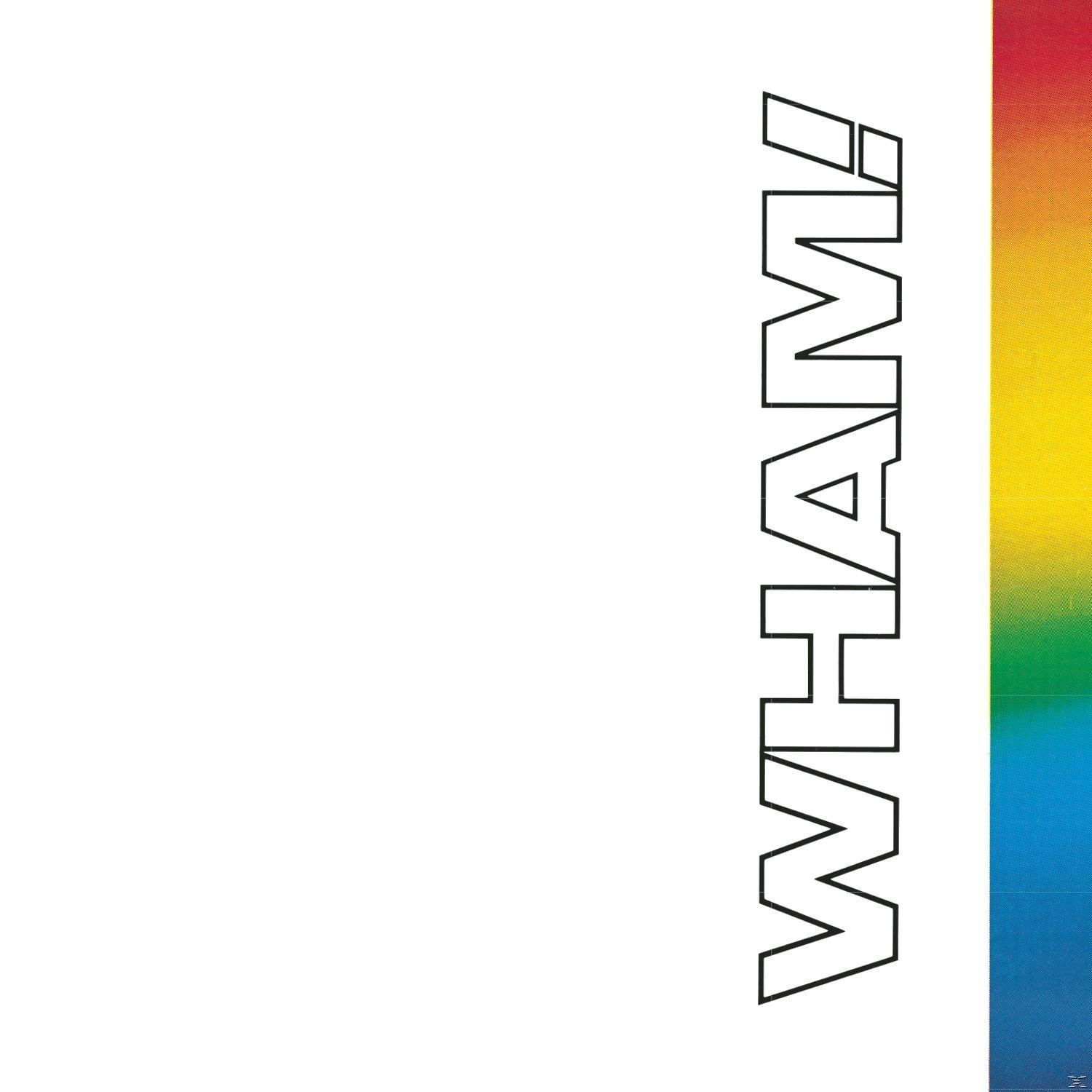 A WHAM! szó fehér, vastag betűkkel, fehér háttéren, színes oldalsávval.