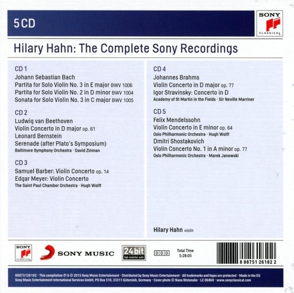 CD borító, melyen a Hilary Hahn: The Complete Sony Recordings dalai láthatók, valamint a Sony Music logója.