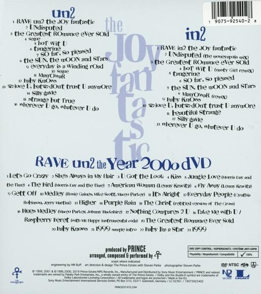 A 'Rave Un2 the Joy Fantastic' CD hátulja, a számokkal és a stáblistával.