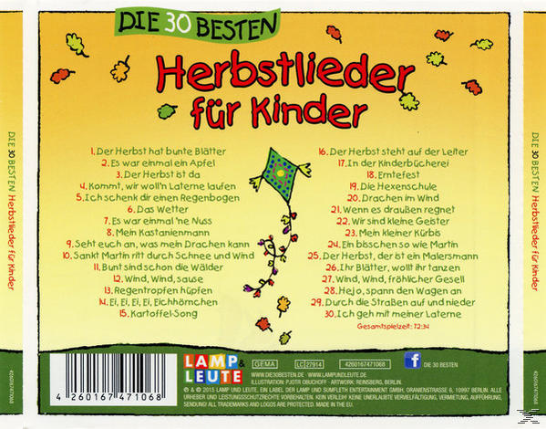 CD-Cover mit Text, der Lieder und den Titel 'Die 30 Besten Herbstlieder für Kinder' sowie eine Drachenillustration auflistet.