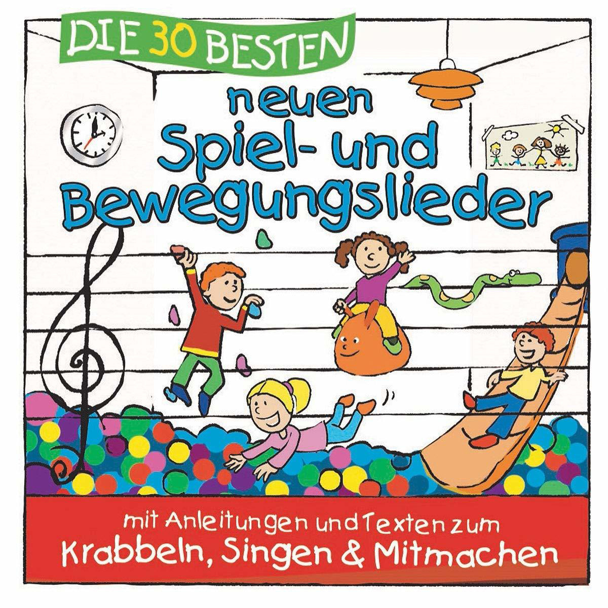Kinderbuchcover mit Cartoon-Kindern beim Spielen, der Titel "Die 30 Besten neuen Spiel-und Bewegungslieder".