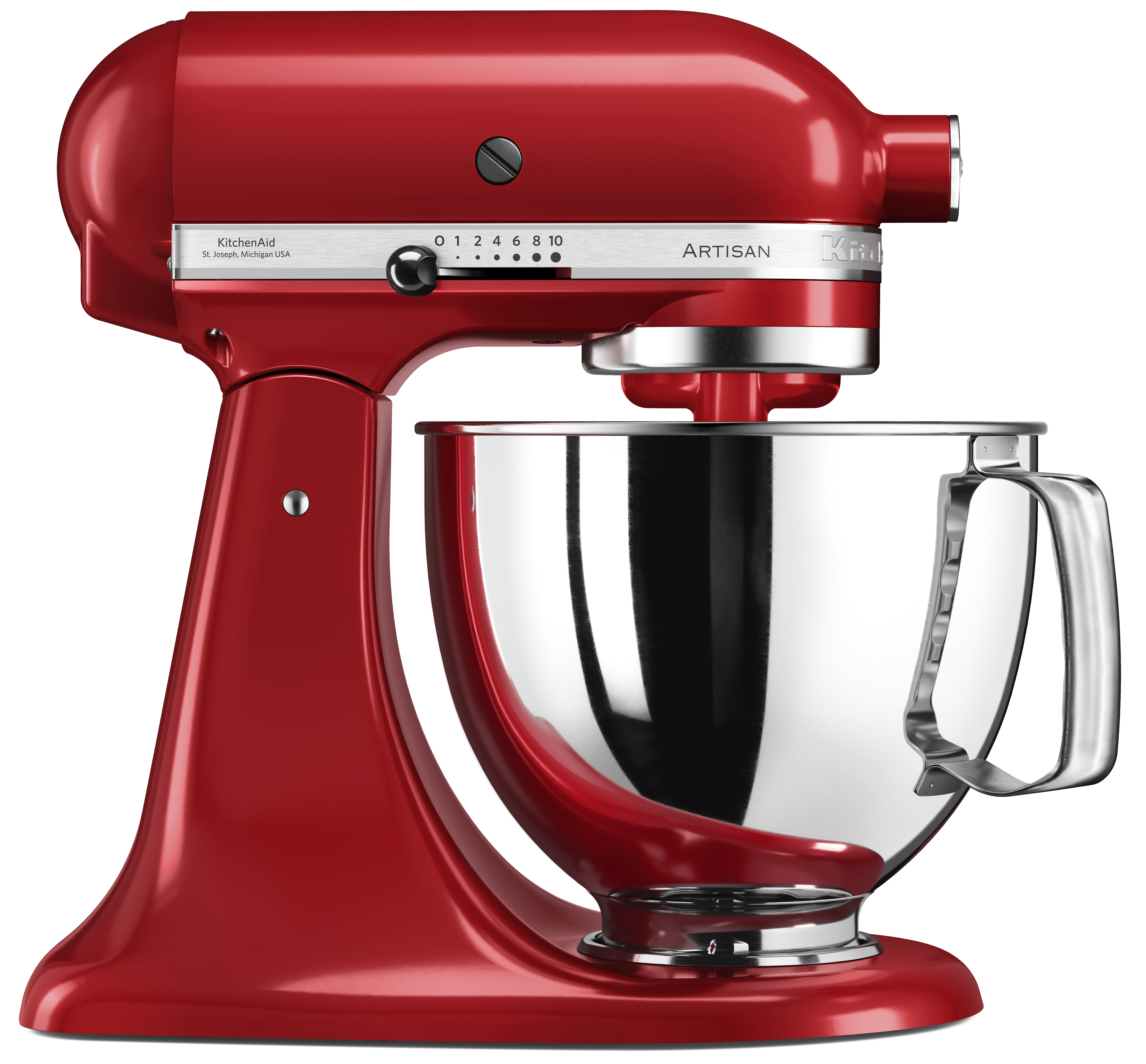 Roter KitchenAid-Küchenmixer mit silberner Schüssel. Der Mixer steht vor weißem Hintergrund.
