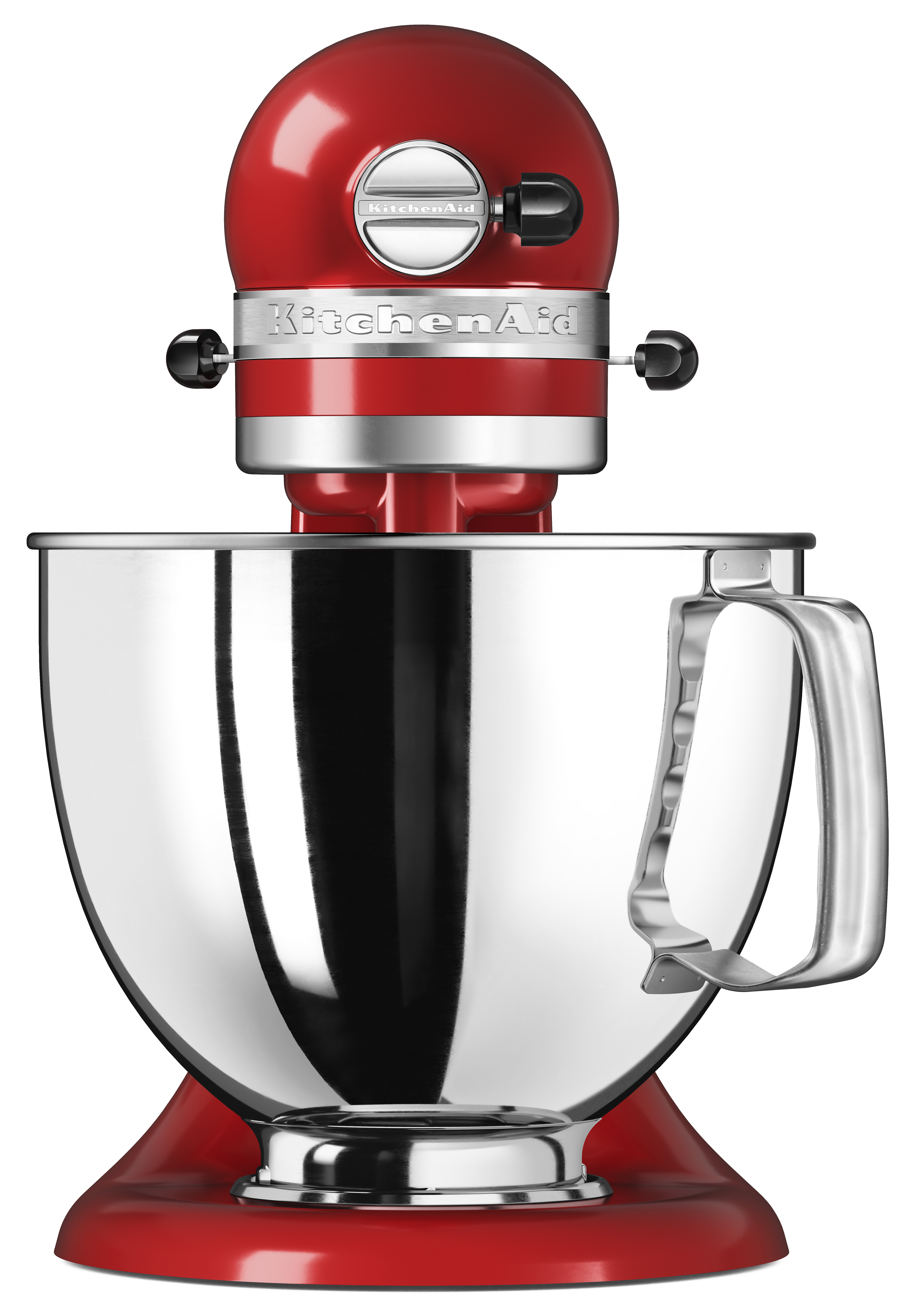 Roter KitchenAid-Mixer mit Edelstahlschüssel. Weißer Hintergrund.