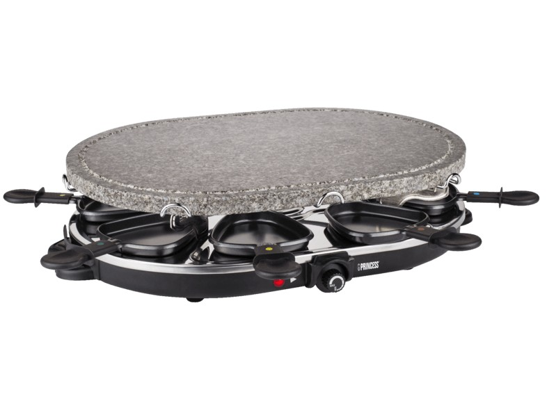 Raclette Princess 162720 con 8 sartenes antiadherentes y parrilla piedra ovalada personas superficie cocinar 43x30 cm incluidas revestimiento 1200 w stone grill party pierrade 1200w