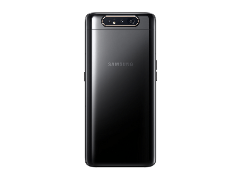 Parte trasera negra del teléfono Samsung. Cámara dual y el logotipo de Samsung en la superficie brillante.