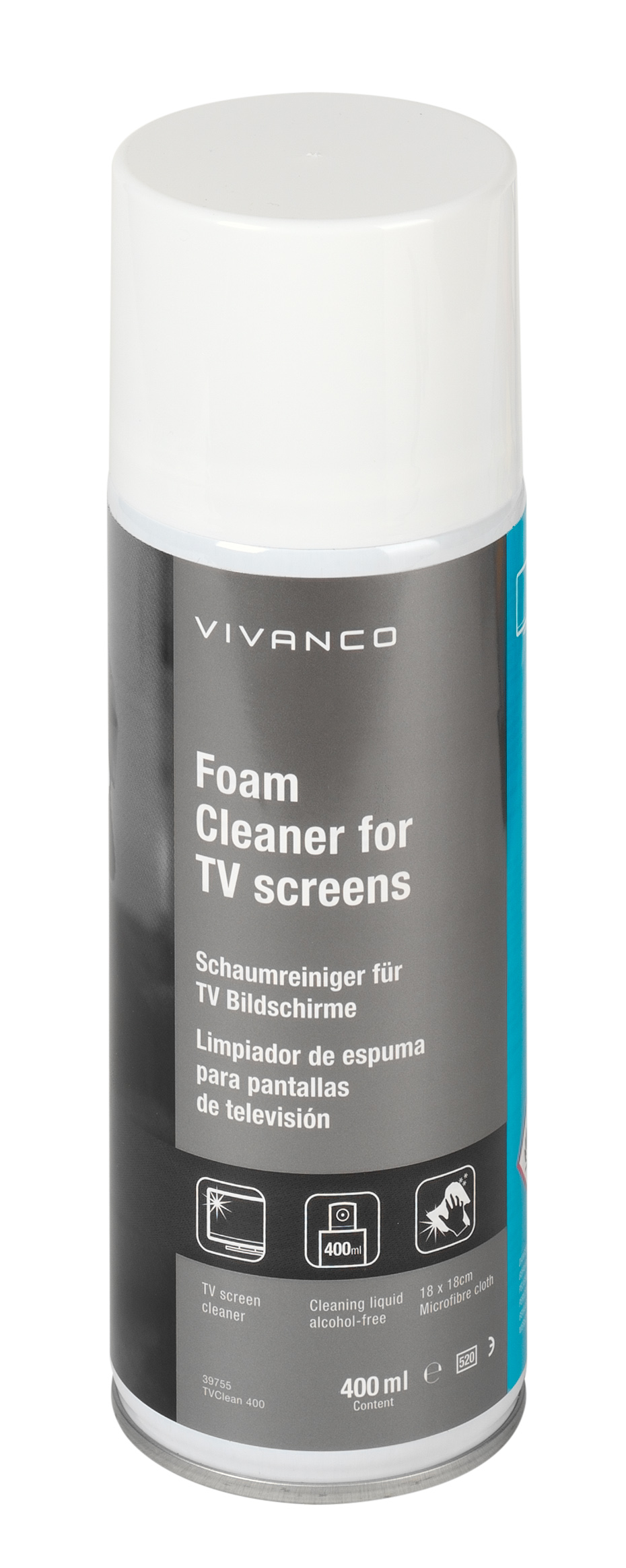 Weiße und graue Sprühflasche mit Schaumreiniger für Fernsehbildschirme mit Grafiken und Text.