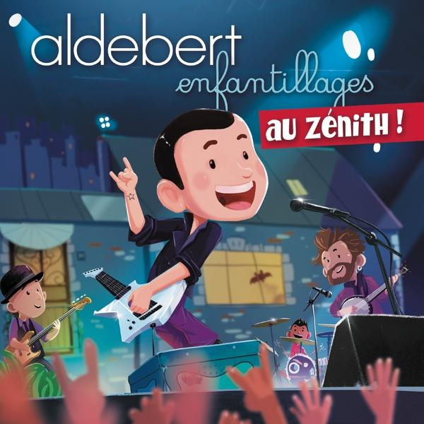 Stripband op het podium, zanger met gitaar en een drummer. Tekst: 'Aldebert enfantillages au zenith!'
