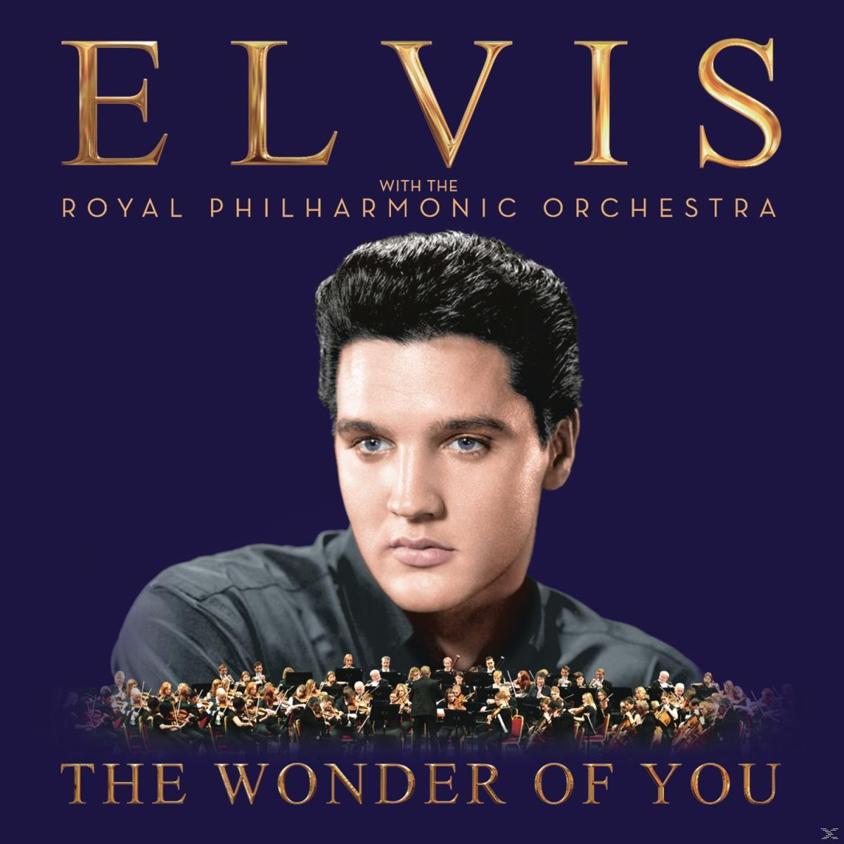 Albumcover mit Elvis Presley im Anzug und Orchester, mit Text 'The Wonder of You'.