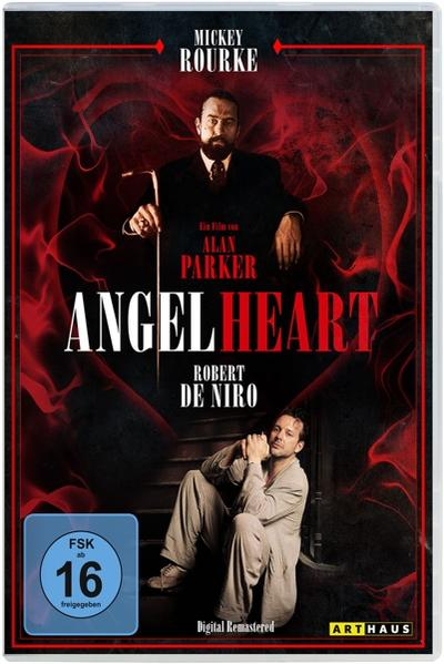 Filmcover: Mickey Rourke und Robert De Niro, mit rotem und schwarzem Hintergrund, Titel: Angel Heart.