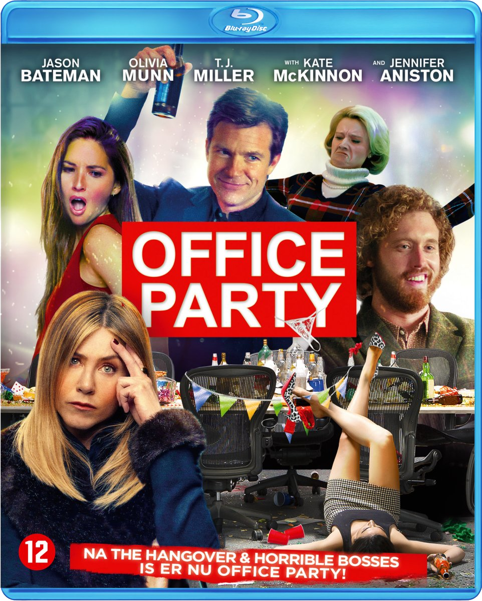 Office Party filmhoes. Acteurs zoals Jennifer Aniston. Titel in rood. Blu-ray disc label.