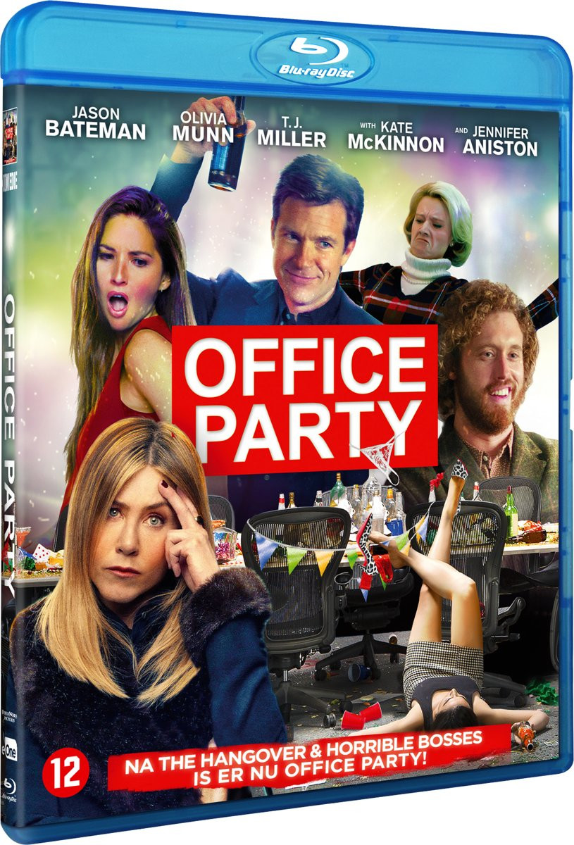 Office Party DVD-hoes met een chaotische scène van acteurs, met de titel van de film in het midden.