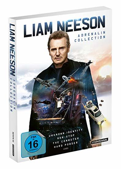 DVD-Cover von Liam Neeson. Das Bild zeigt den Schauspieler und eine Collage von Actionszenen, Titel: Adrenalin Collection.