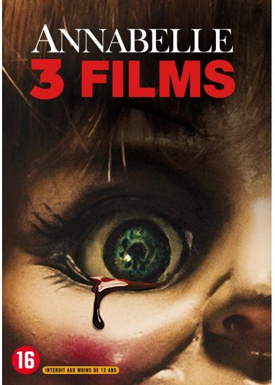 Movie cover of Annabelle 3. Features close-up of a doll's eye with blood tear.