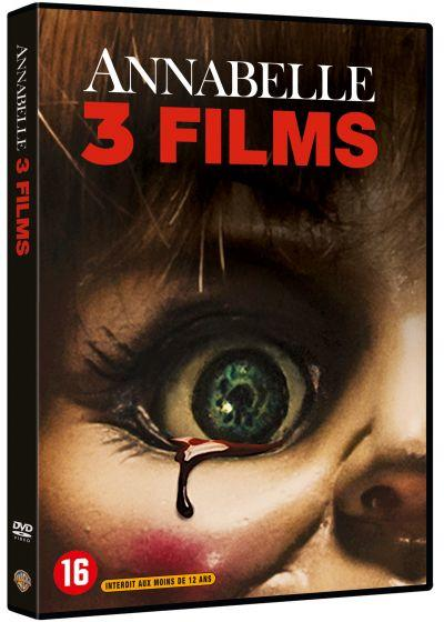 Annabelle 3 Films DVD cover, close-up doll face with tear, black background.