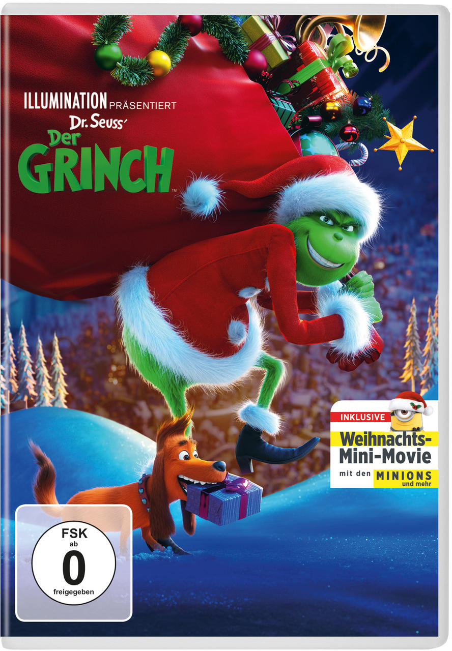 Der Grinch mit Weihnachtsmannkostüm und rotem Sack, gefolgt von seinem Hund Max im Schnee.