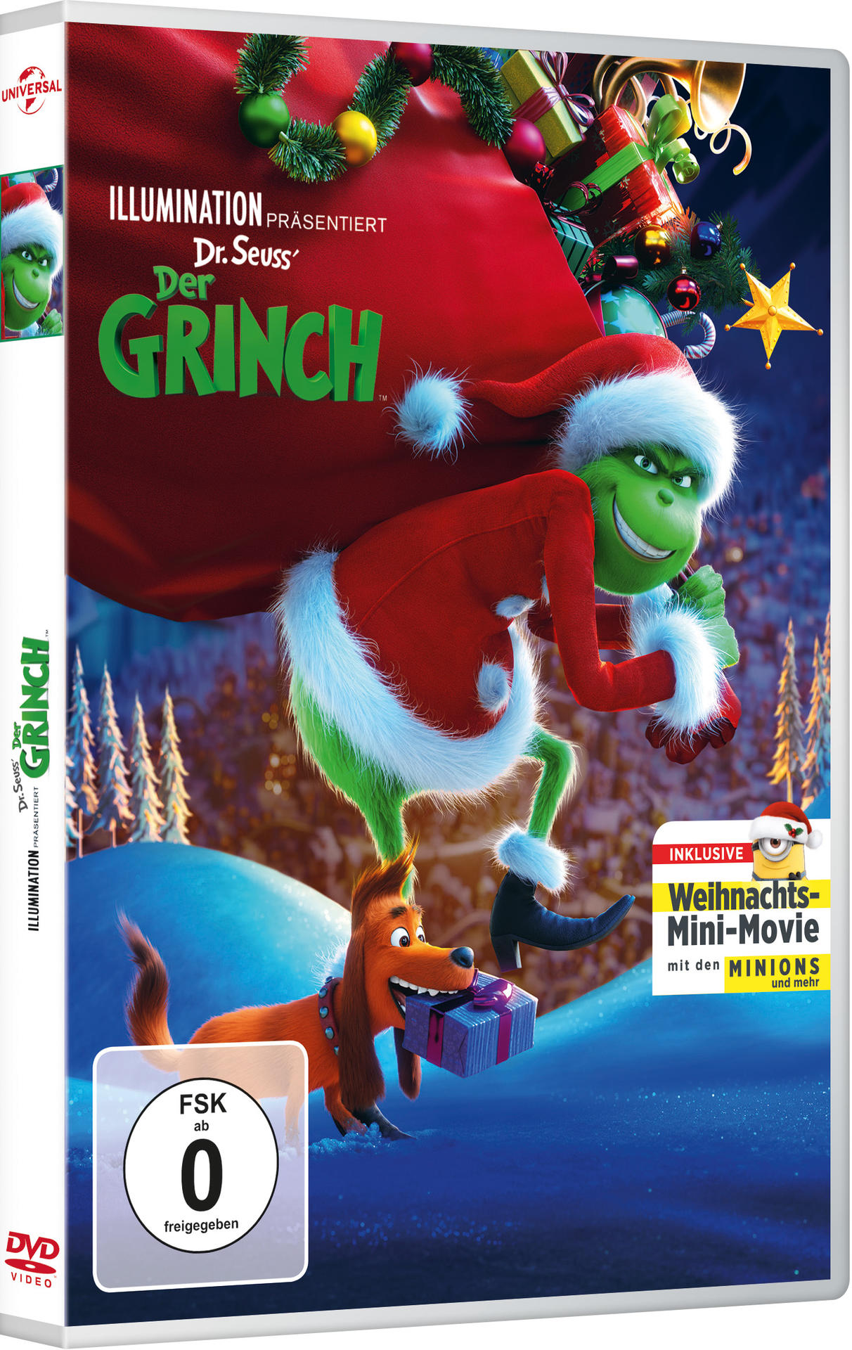DVD-Cover von Der Grinch mit dem grünen Charakter, der einen Sack voller Geschenke trägt und seinem Hund.
