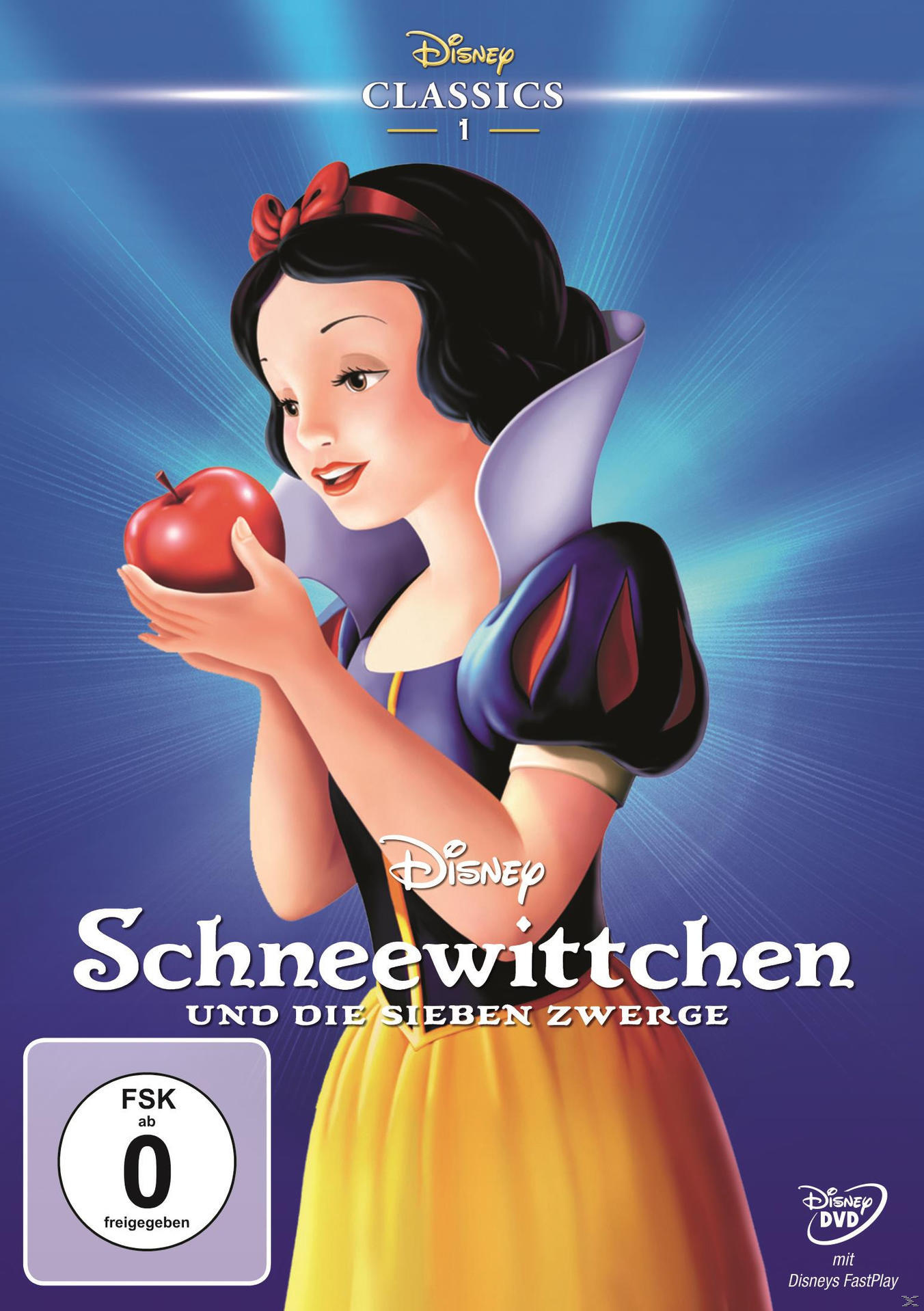 Schneewittchen hält einen roten Apfel, DVD-Hülle.