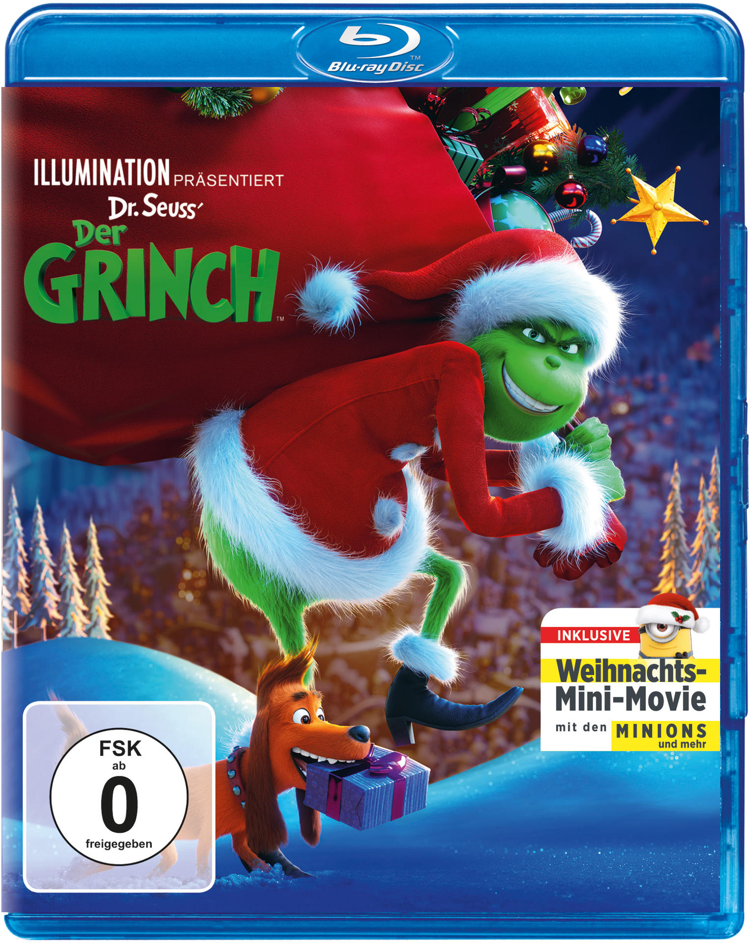 Grinch auf einem Filmcover. Geschenke. Hund. Weihnachtsthema. Blu-ray Disc.