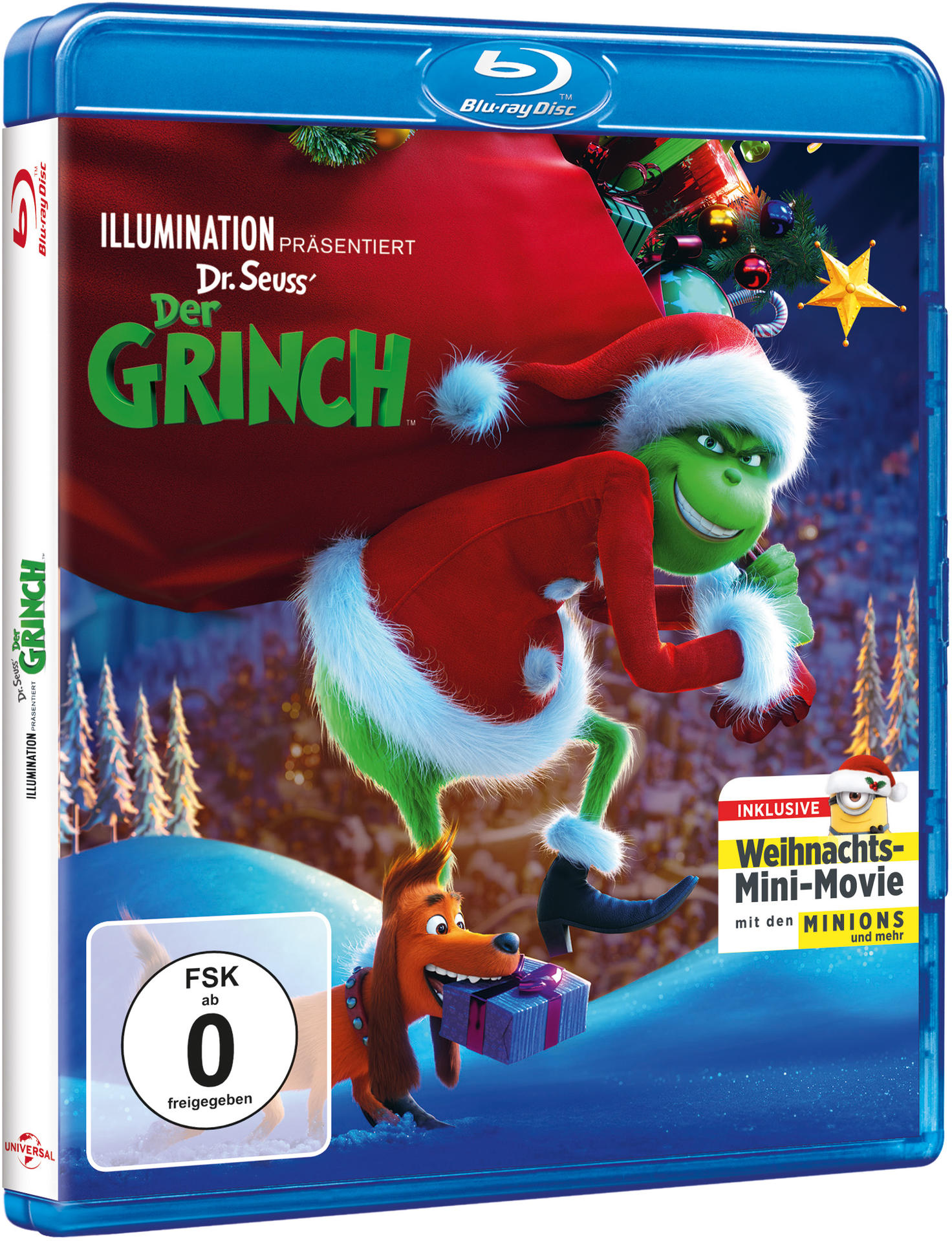 Blu-ray-Disc-Hülle mit einer Grinch-Illustration mit Geschenkbeutel und Hund.