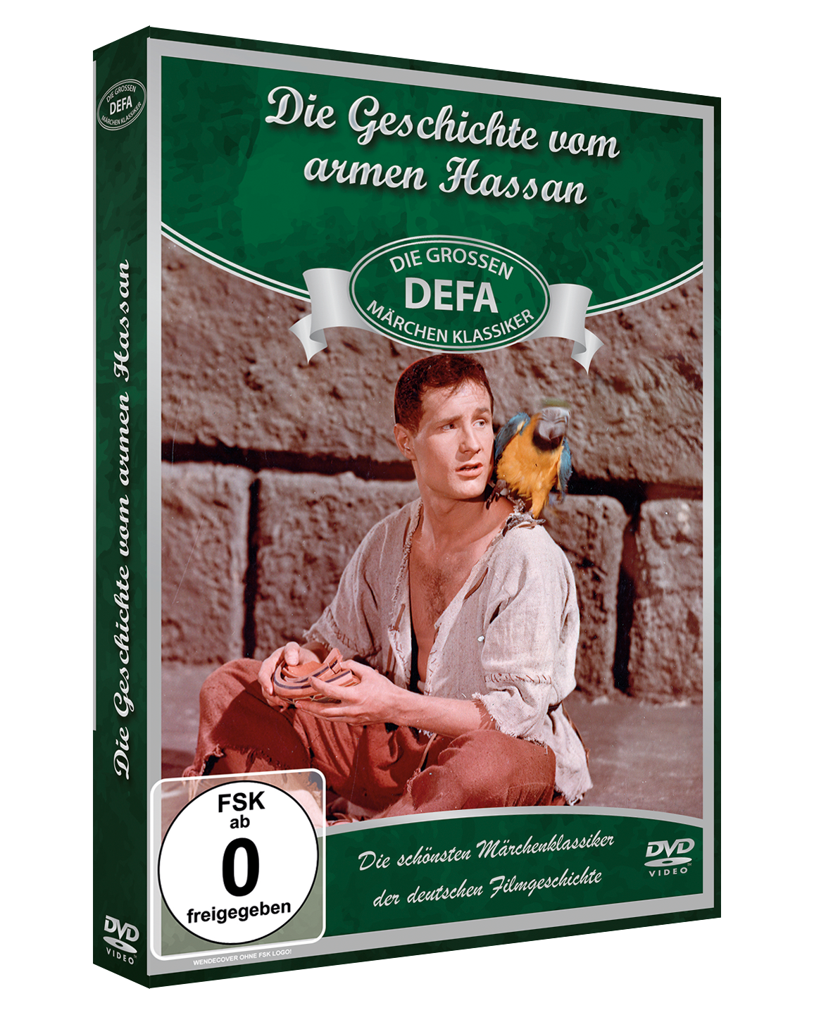 DVD-Cover: Mann mit Papagei, Titeltext. Grüner Hintergrund.