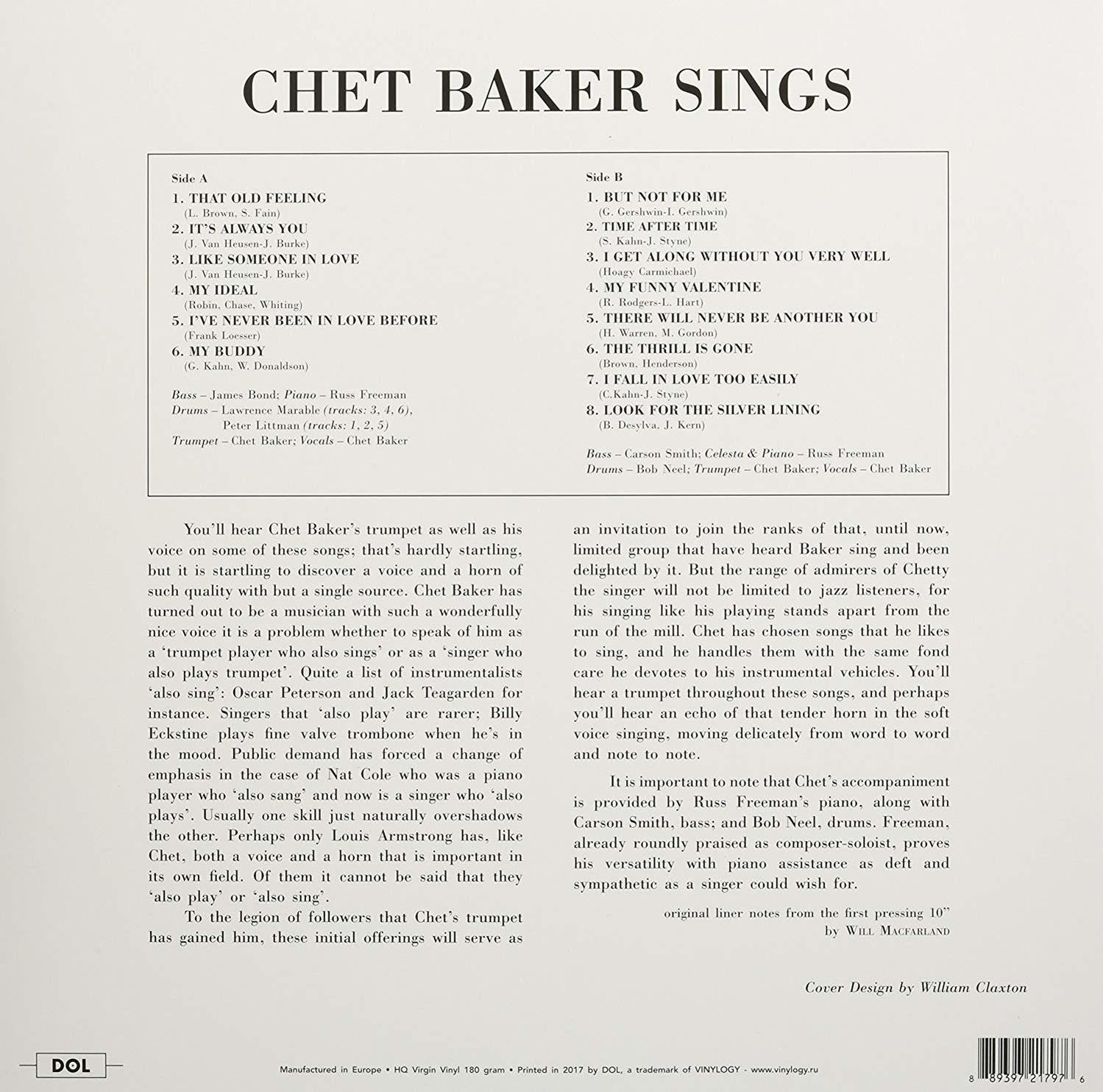 Album borítója Chet Baker fekete-fehér fotójával. A szöveg a dalok címeit és a közreműködőket sorolja fel.