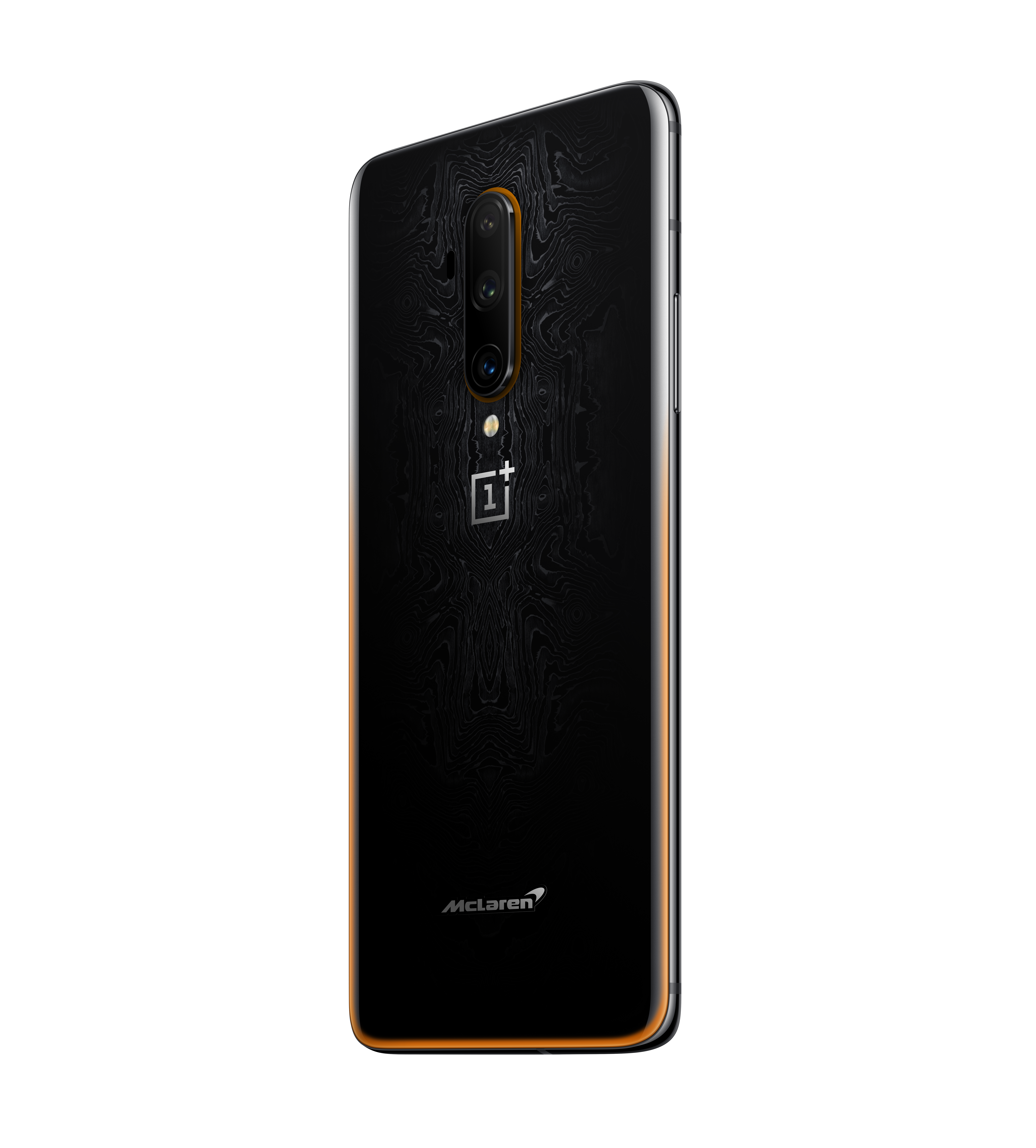 Smartphone negro con borde naranja, triple cámara y logo McLaren.