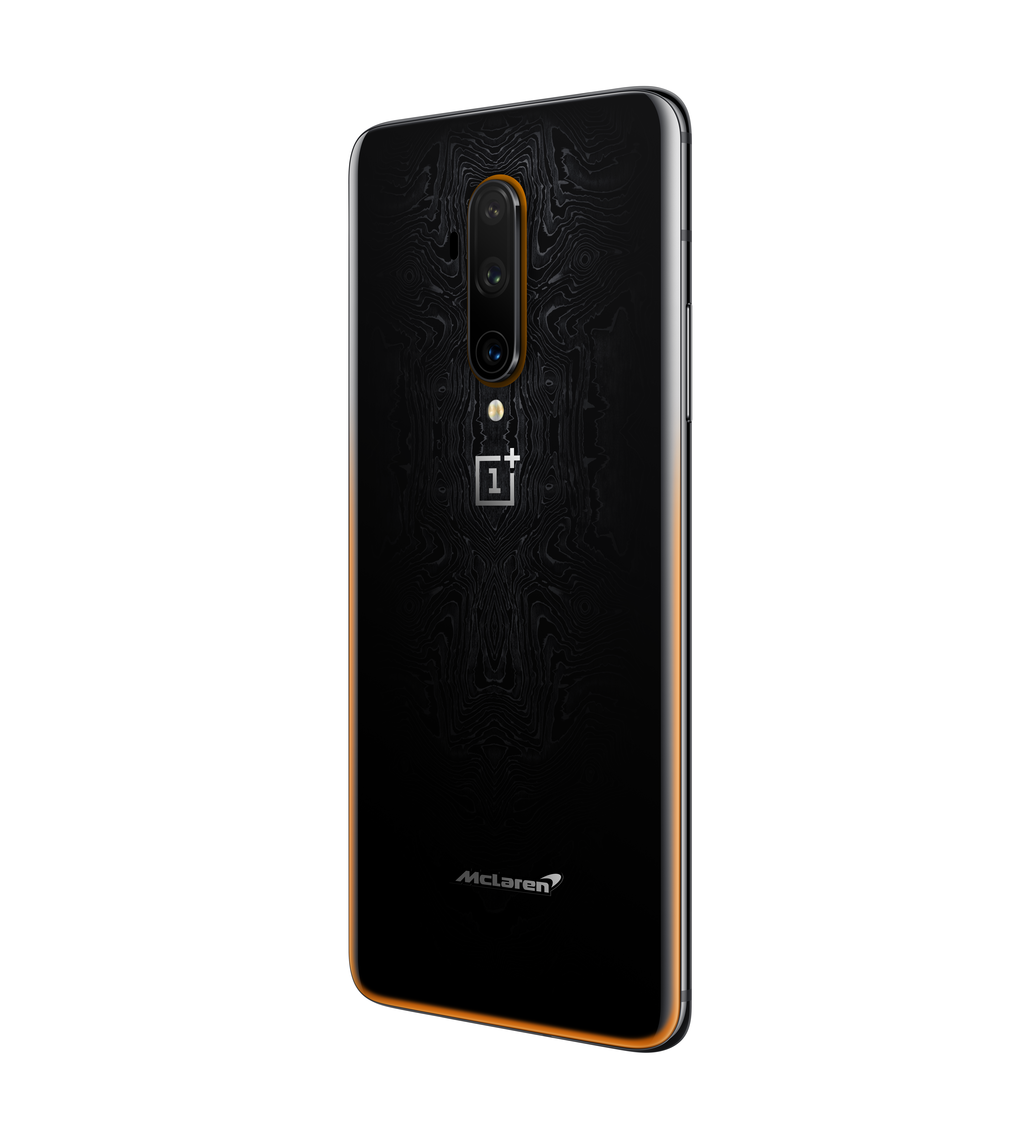 Un teléfono OnePlus McLaren negro, con detalles en naranja y una parte trasera texturizada distintiva.