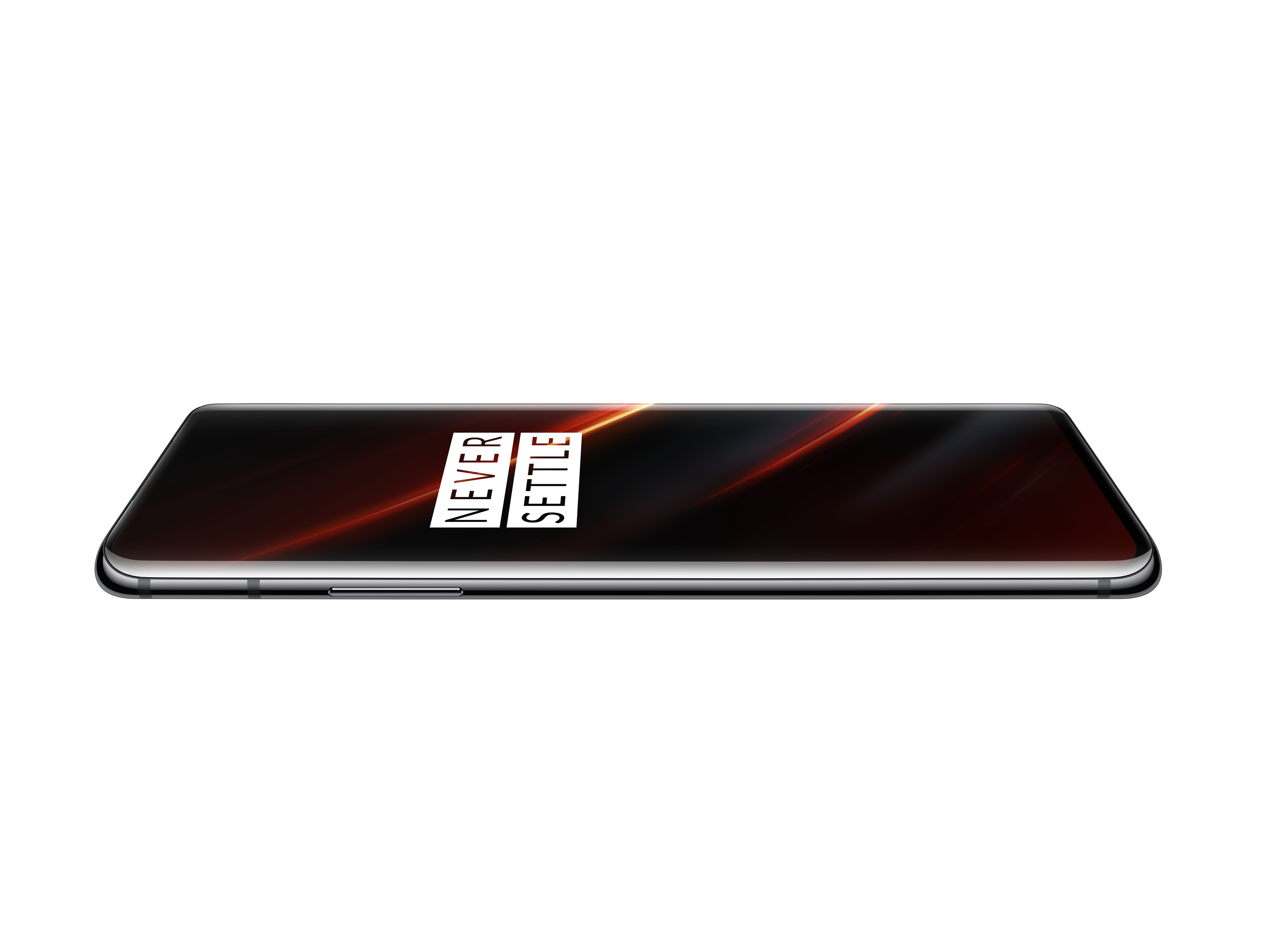 Smartphone negro con pantalla degradada, mostrando texto 'NEVER SETTLE'.