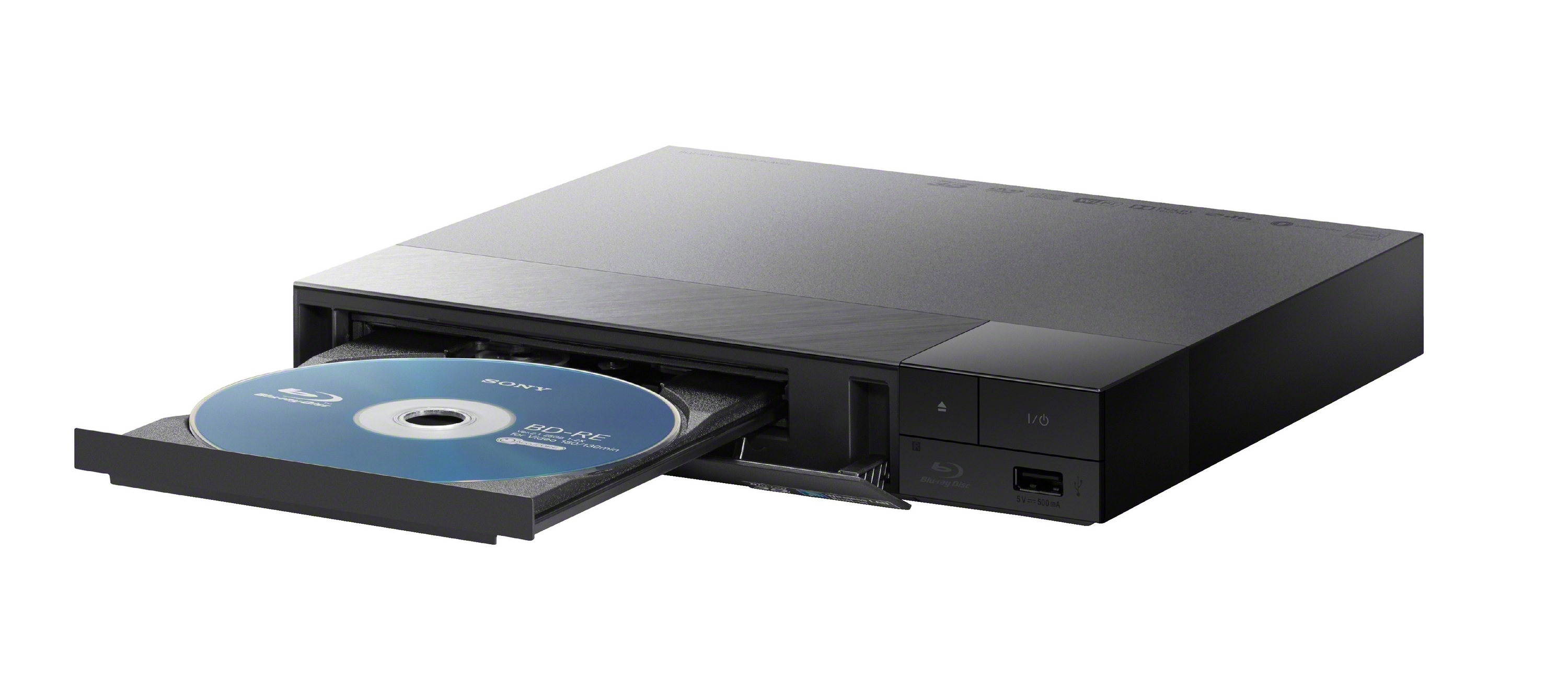 Schwarzer Sony Blu-ray-Player mit teilweise ausgeworfener Disc. Weißer Hintergrund.