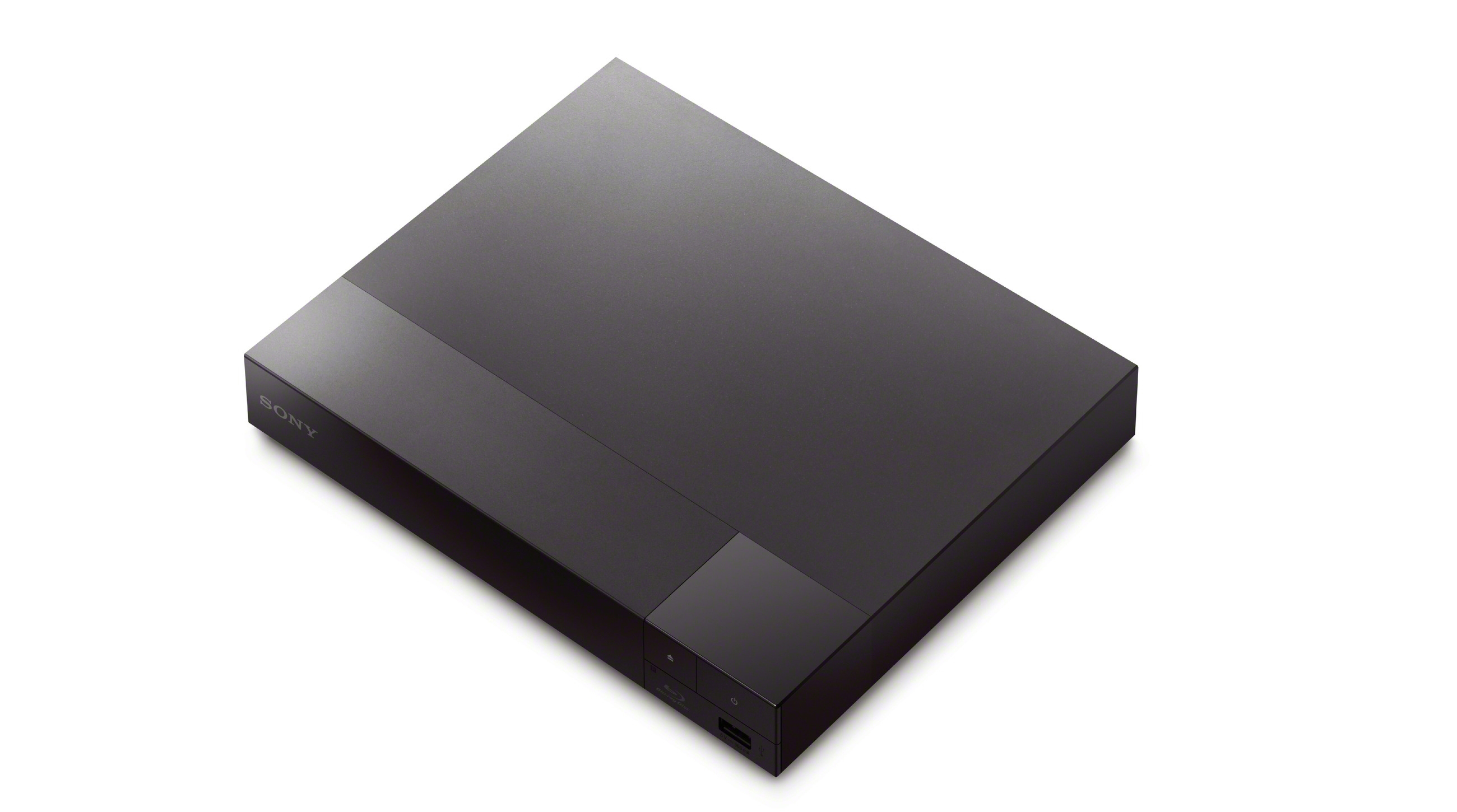 Ein schwarzer Sony Blu-ray-Player auf einer weißen Oberfläche. Er hat ein schlankes, minimalistisches Design.