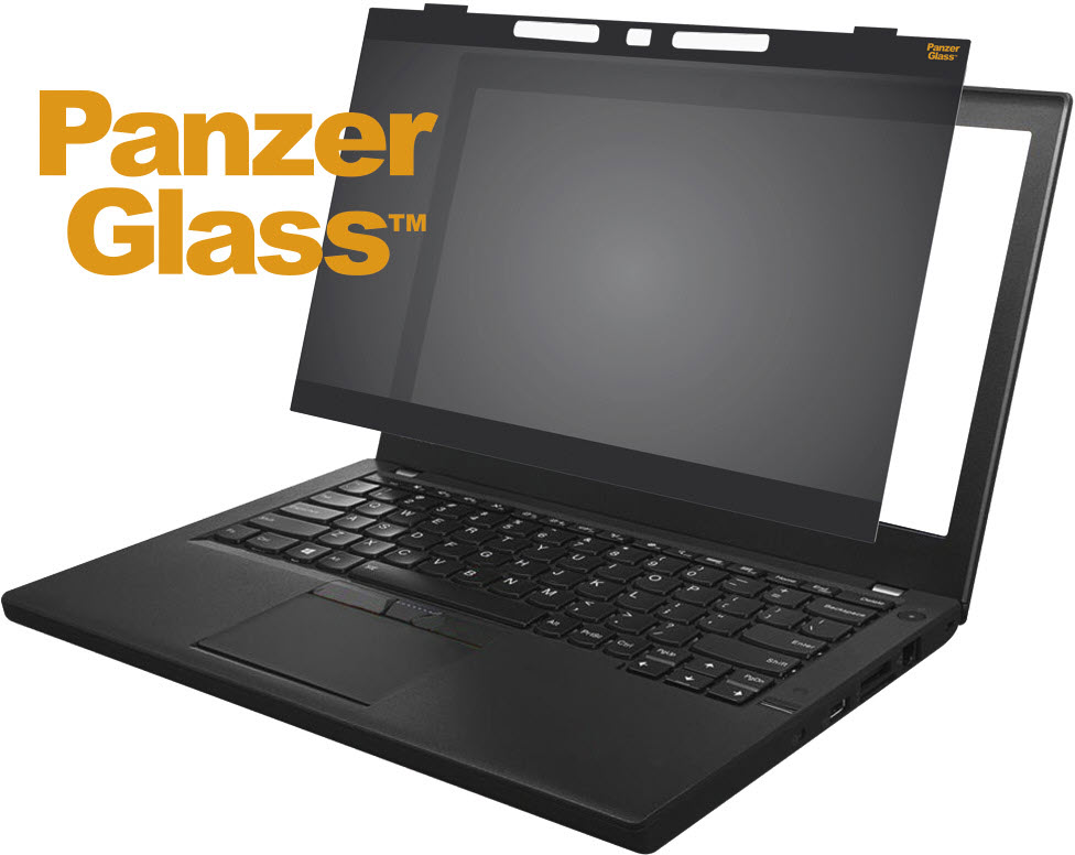 Ein Laptop mit angebrachtem PanzerGlass-Bildschirmschutz. Das Logo ist sichtbar.