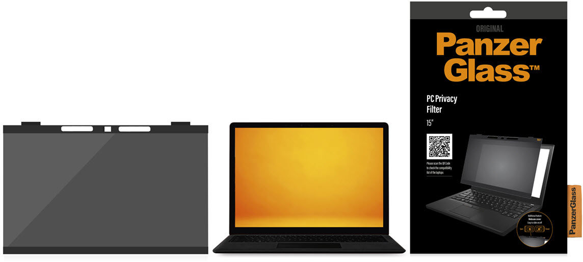 Laptop mit Sichtschutzfilter und Verpackung.