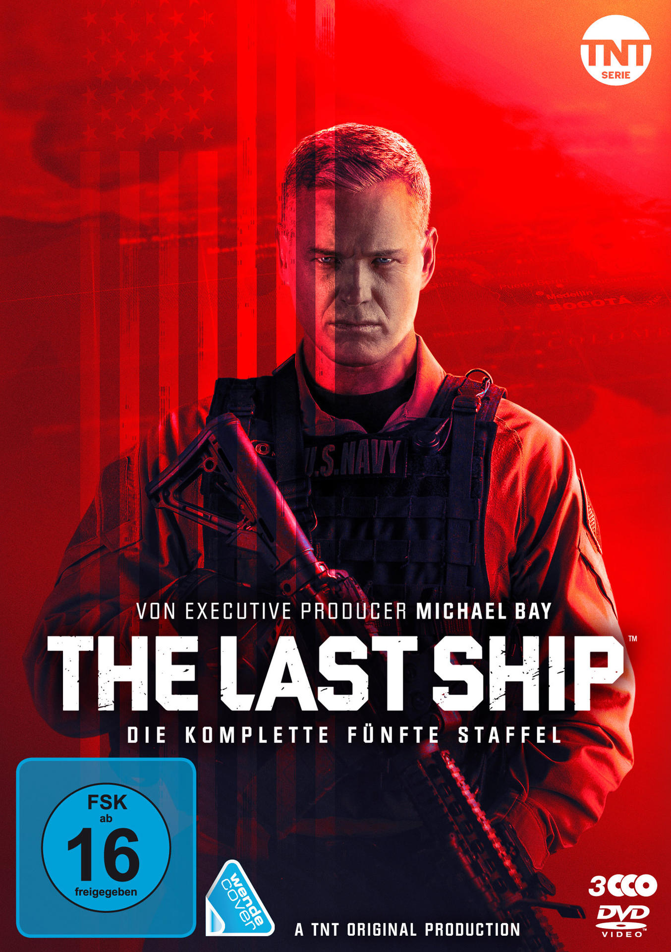 DVD-Cover der Serie 'The Last Ship'. Mann in Uniform, Gewehr, roter Hintergrund, Text.