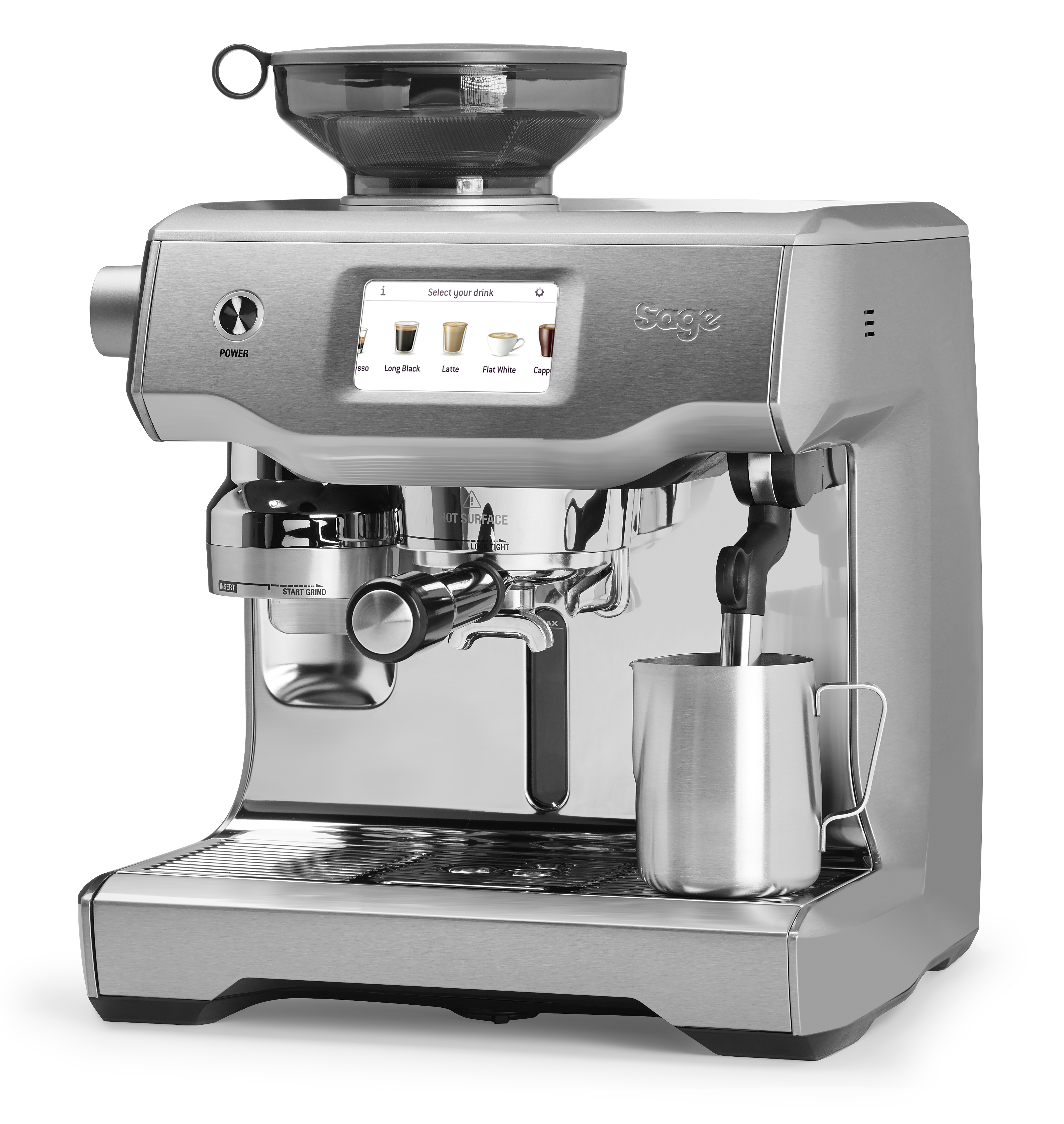 Zilveren Sage espressomachine met een bonenmaler, verschillende drankopties en een melkkan.