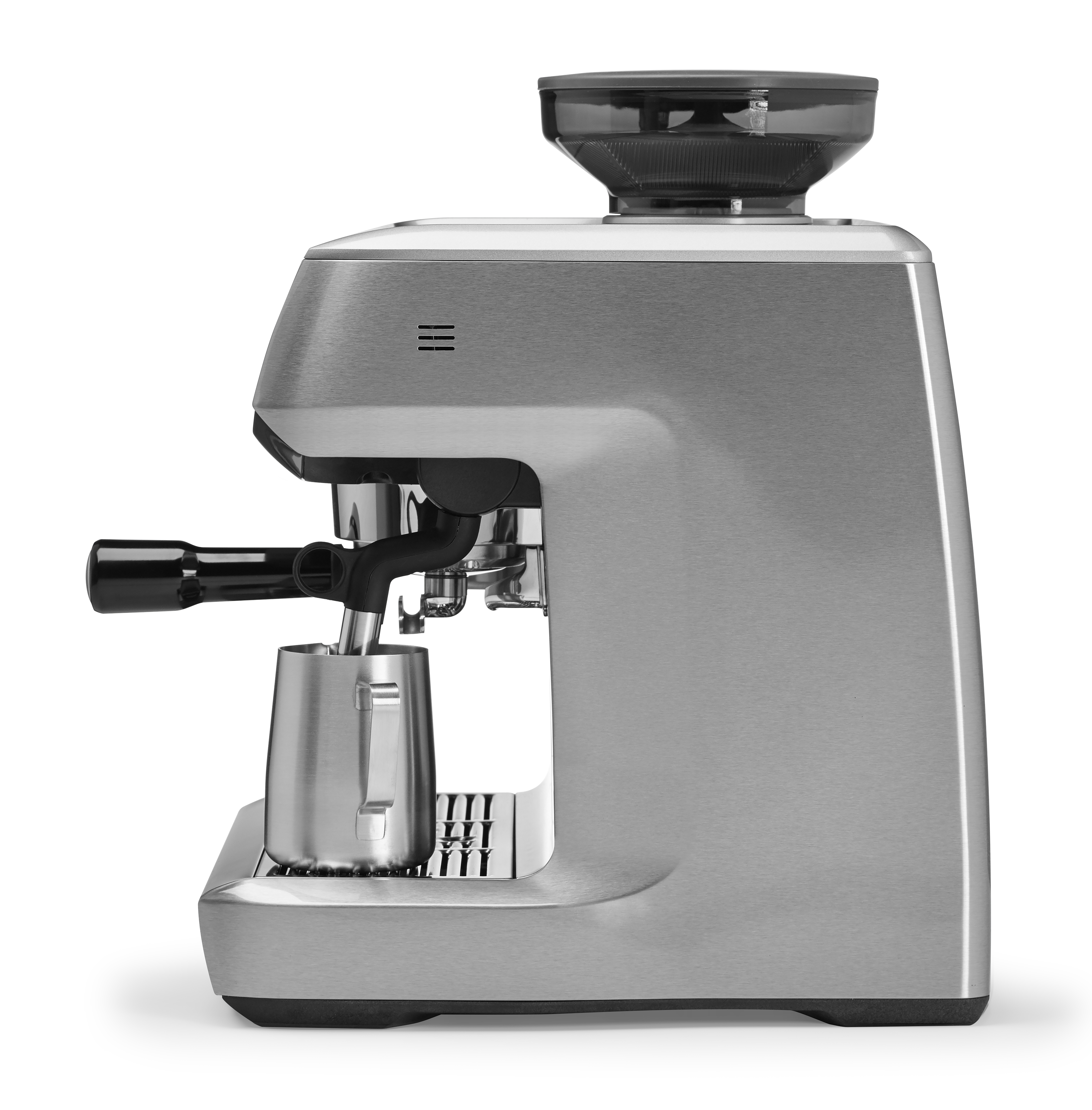 Zilveren espressomachine met zwarte handgreep, koffiepot en bonenmolen.