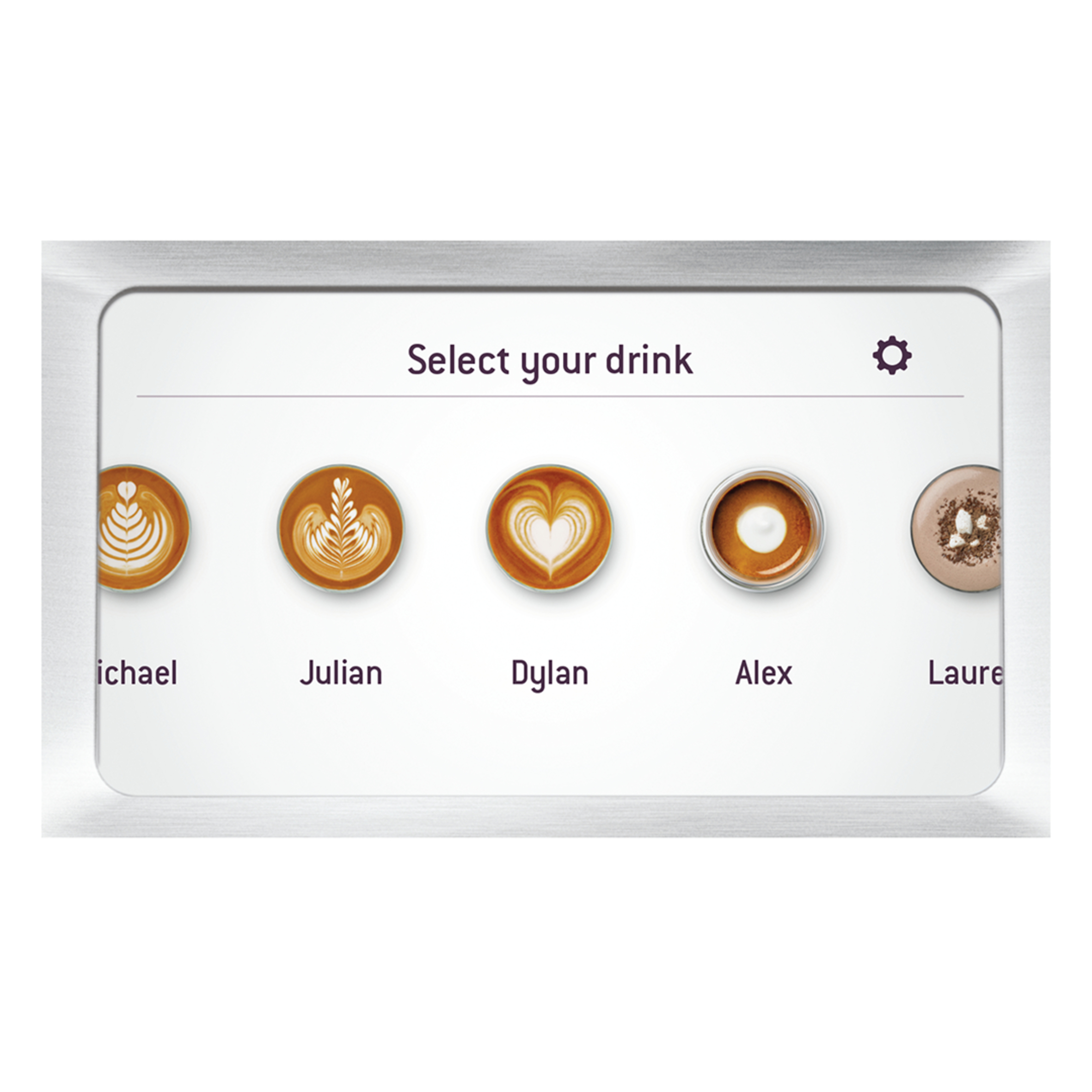 Scherm van een koffiemachine met drankopties en namen.