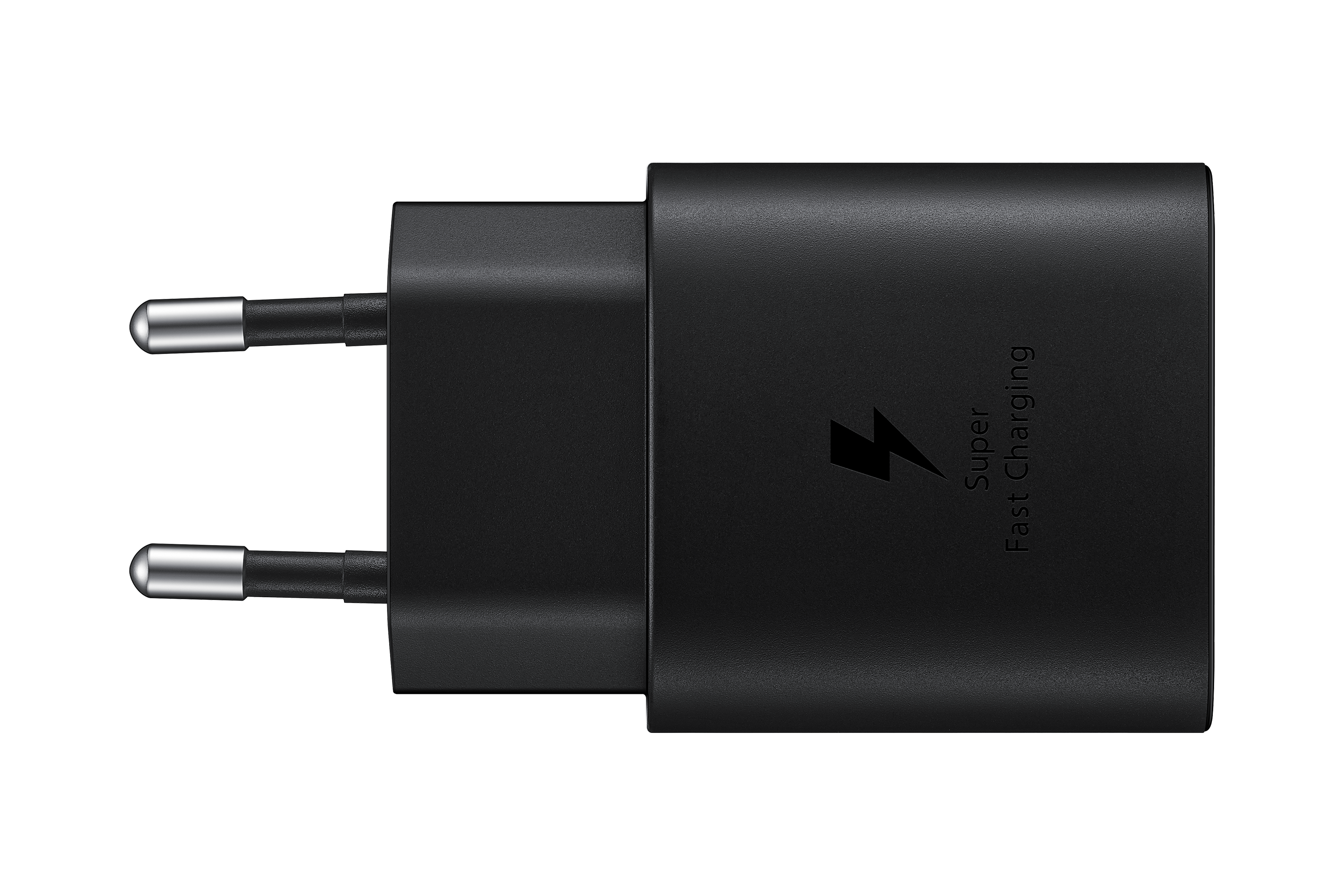 Black Samsung super fast charging adapter with two prongs.