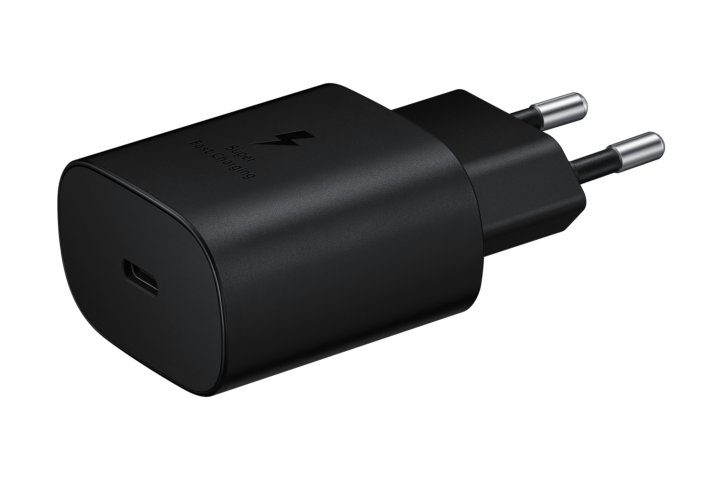 Black Samsung charger with a lightning bolt symbol, on a black background.